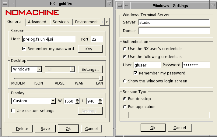 nastavitve klienta NX za Goldfire